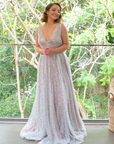 Juliana Gown (Silver Sequins) with Mocha Underlay