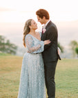 Houston Gown Antique Blue - With Detachable Balloon Sleeves and Silver Lining