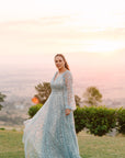 Houston Gown Antique Blue - With Detachable Balloon Sleeves and Silver Lining