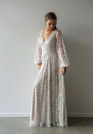 Houston Gown With Long Sleeves and Oyster Underlay
