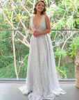 Juliana Gown (Silver Sequins) with Milky Off-White Underlay