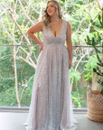 Juliana Gown (Silver Sequins) with Mocha Underlay