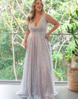 Juliana Gown (Silver Sequins) with Mocha Underlay