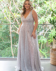 Juliana Gown (Silver Sequins) with Mocha Underlay