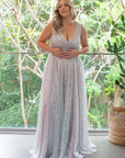 Juliana Gown (Silver Sequins) with Mocha Underlay