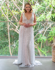 Juliana Gown (Silver Sequins) with Tight Light Blush Underlay Skirt