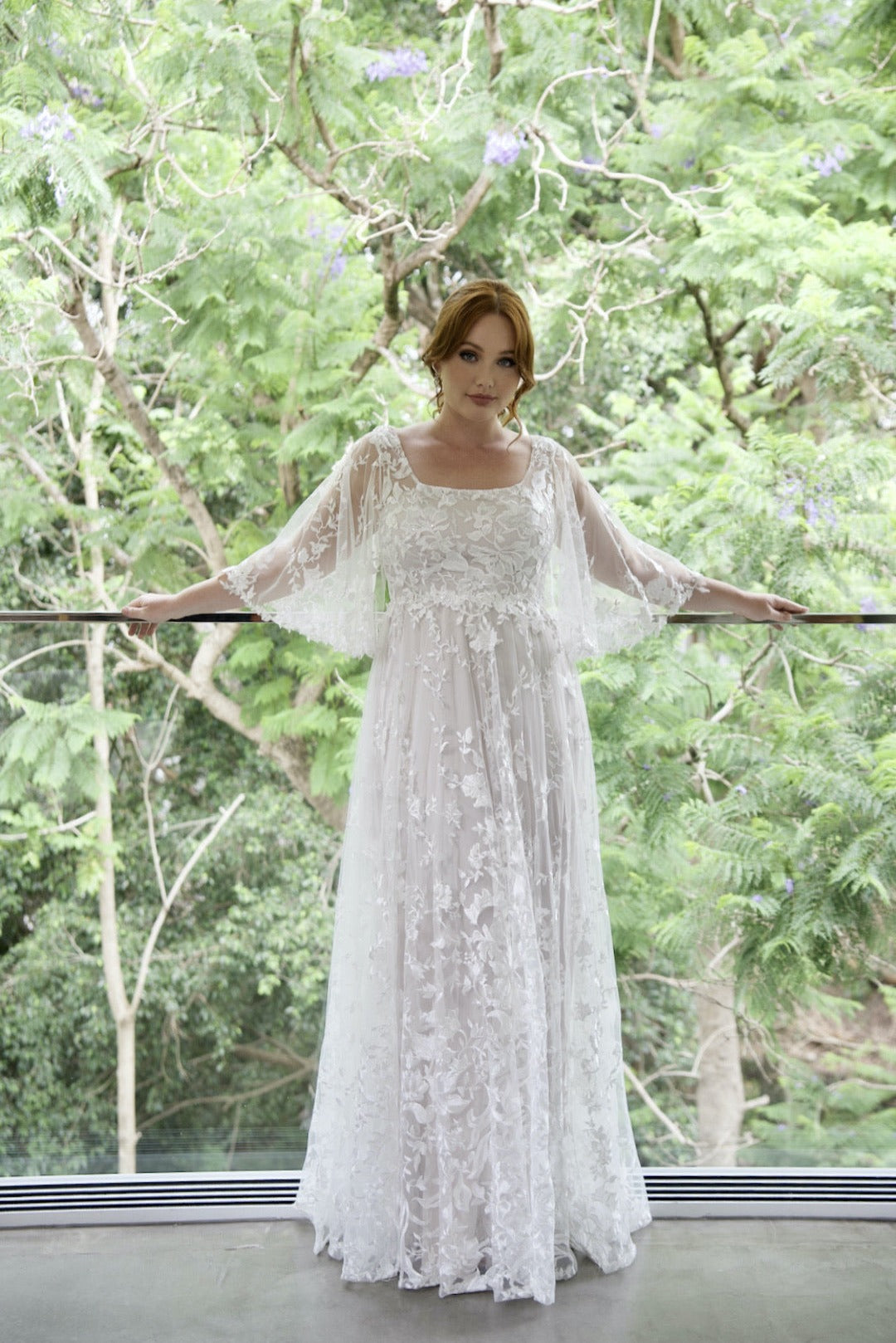 Modest Wedding Dress With Flutter Sleeves Floral A-Line Wedding Dress With Flutter Sleeves, V-Neck Modest Wedding Dress With Flutter Sleeves Floral A-Line Wedding Dress With Flutter Sleeves, V-Neck